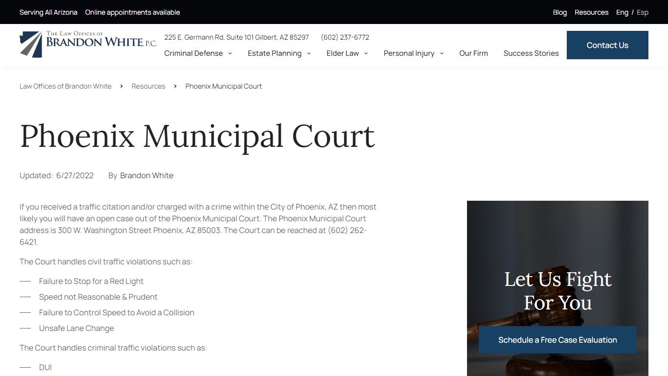 Phoenix Municipal Court Information | The Law Offices of Brandon White